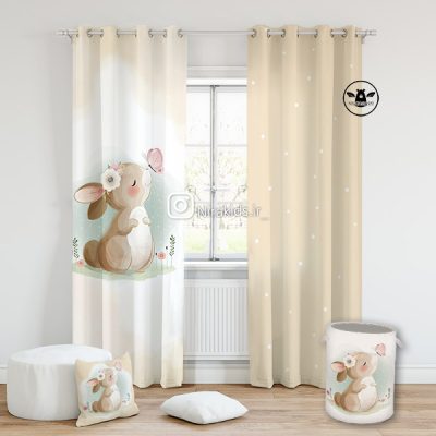 پرده اتاق کودک طرح خرگوش و پروانه